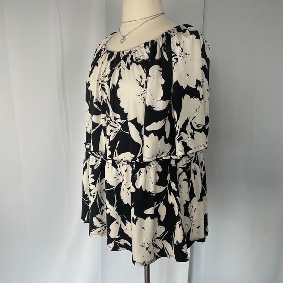 Casual Top Plus Size 2X Black Cream Floral Peplum Ruffle Boho Short Sleeve Flowy - Picture 6 of 10